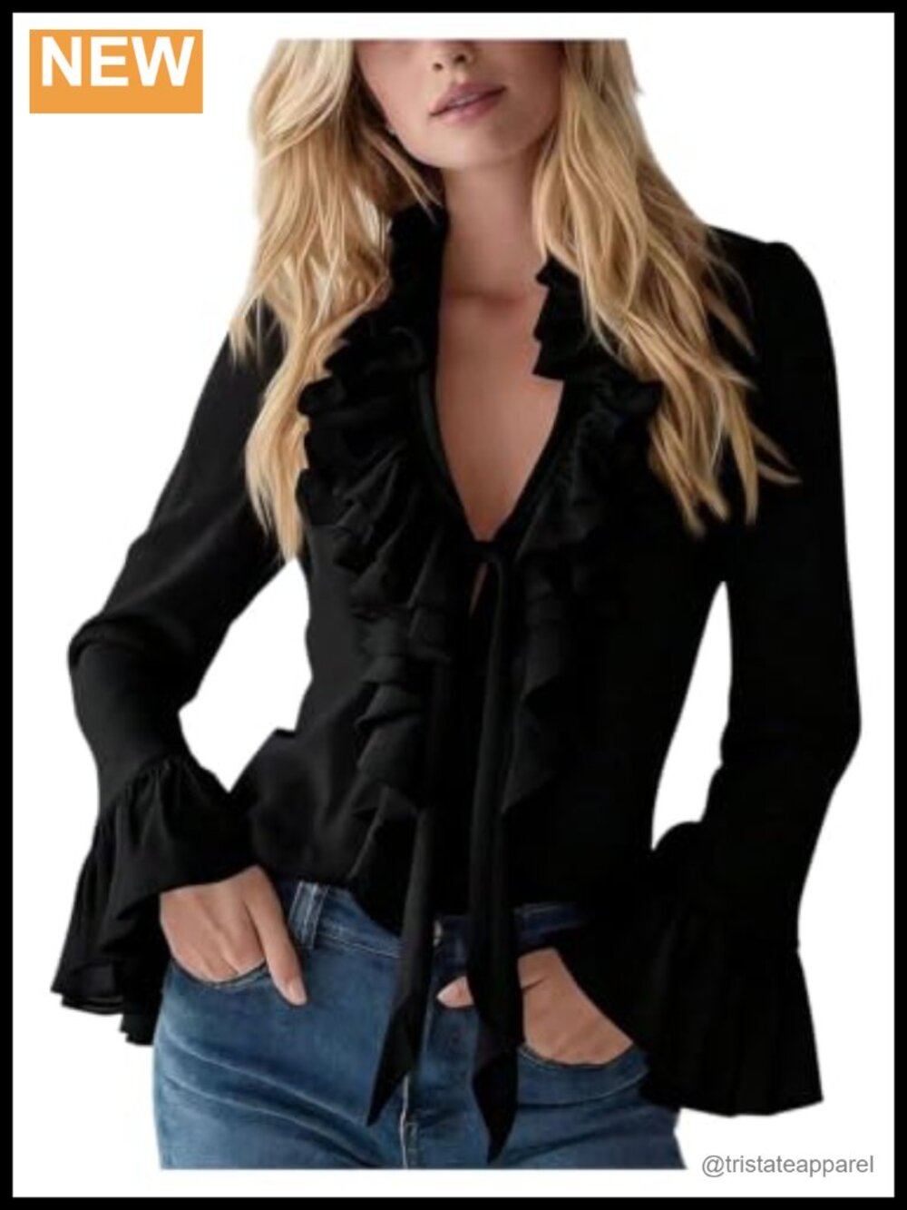 Women's Tie Front Ruffle Chiffon Blouse V Neck Bell Long Sleeve Elegant Going
